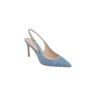 The Vichy Slingback Pump is a light blue denim shoe with a pointed toe, a slim stiletto slingback heel, and a beige insole, shown against a plain white background.