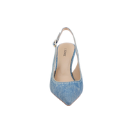 The Vichy Slingback Pump is shown from above in blue denim, featuring a pointed toe and an adjustable ankle strap, set against a plain white background.