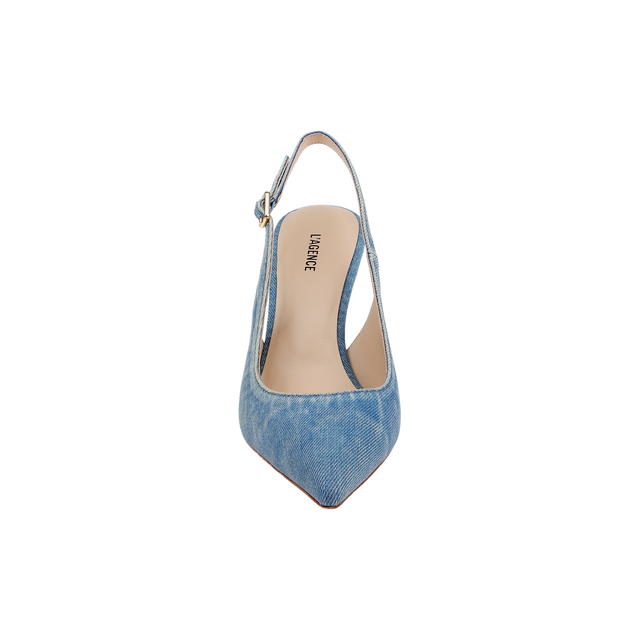 The Vichy Slingback Pump is shown from above in blue denim, featuring a pointed toe and an adjustable ankle strap, set against a plain white background.