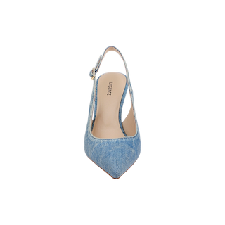 The Vichy Slingback Pump is displayed from the front in single blue denim, featuring a pointed toe and a side buckle. The beige insole is printed with “LARSEKE” in black. The shoe is set against a plain white background.