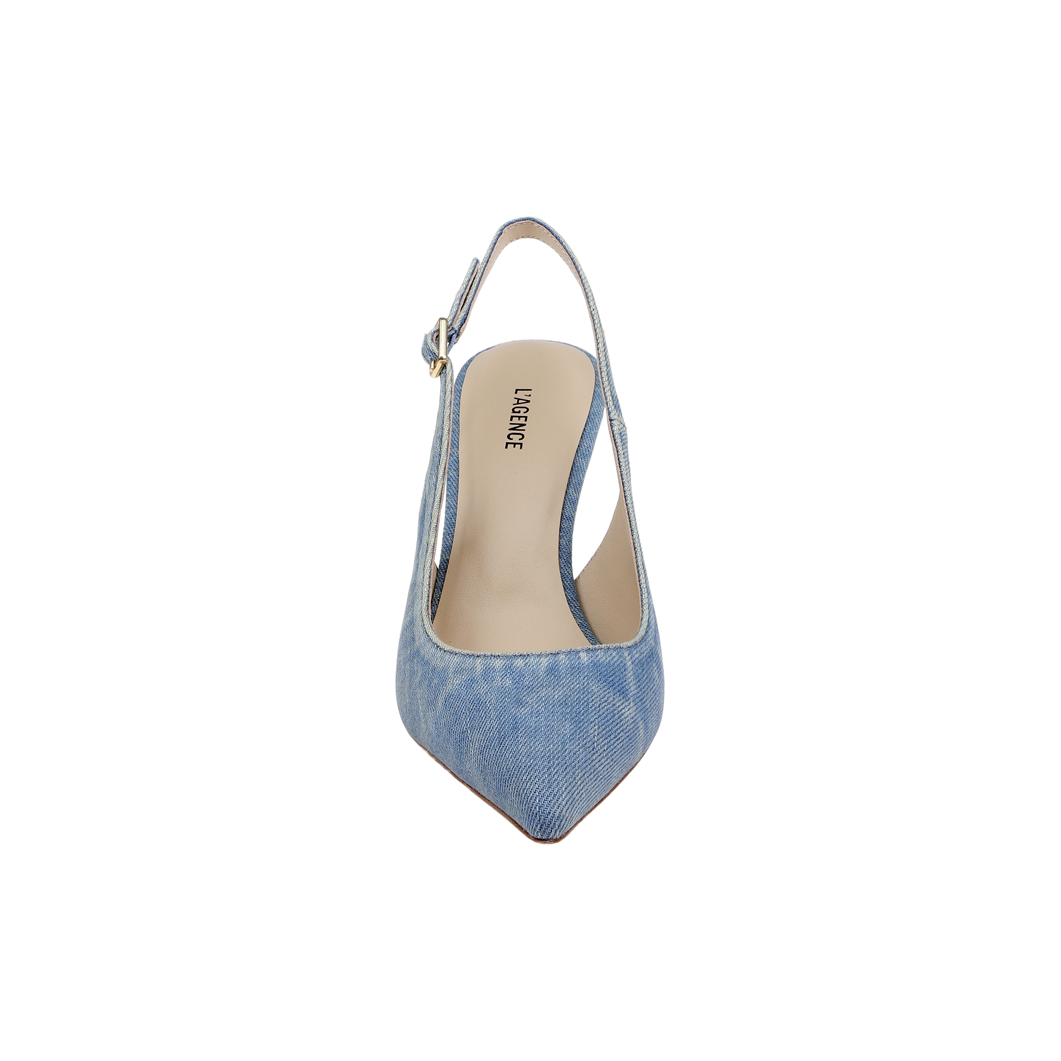 The Vichy Slingback Pump is shown from above in blue denim, featuring a pointed toe and an adjustable ankle strap, set against a plain white background.