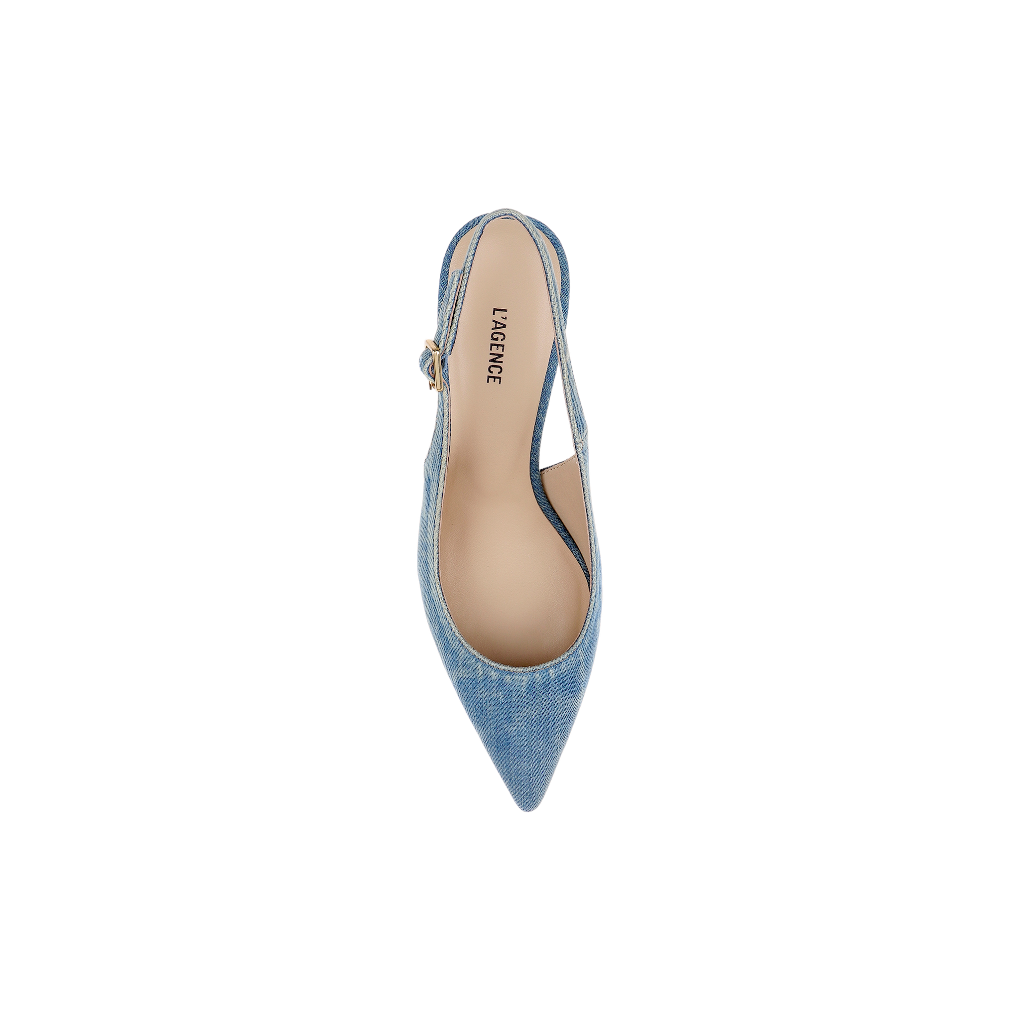 A top view of the Vichy Slingback Pump, a single blue denim pointed toe stiletto slingback shoe with a buckle strap and beige insole, displayed on a white background.