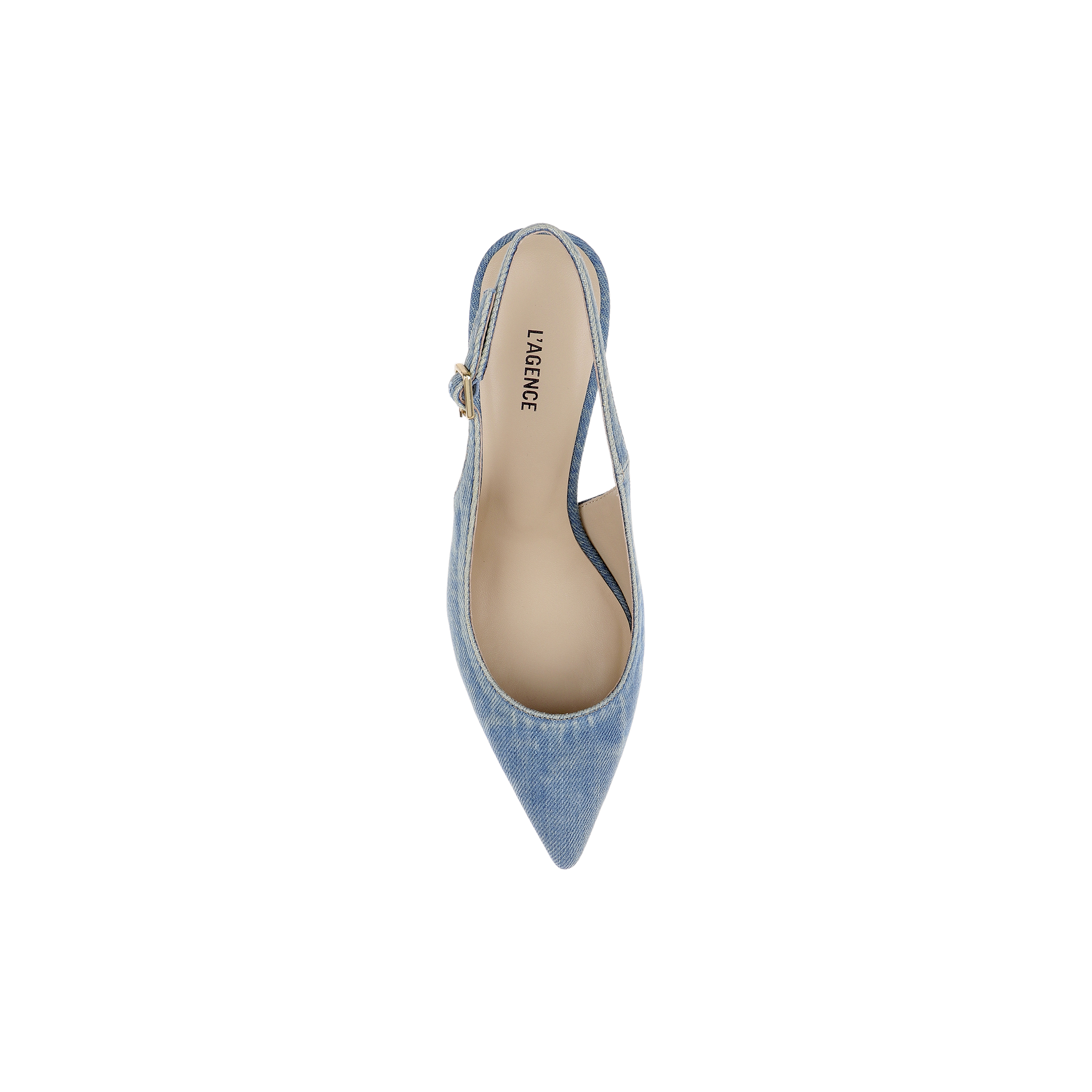 A top view of the Vichy Slingback Pump, a single blue denim pointed toe stiletto slingback shoe with a buckle strap and beige insole, displayed on a white background.