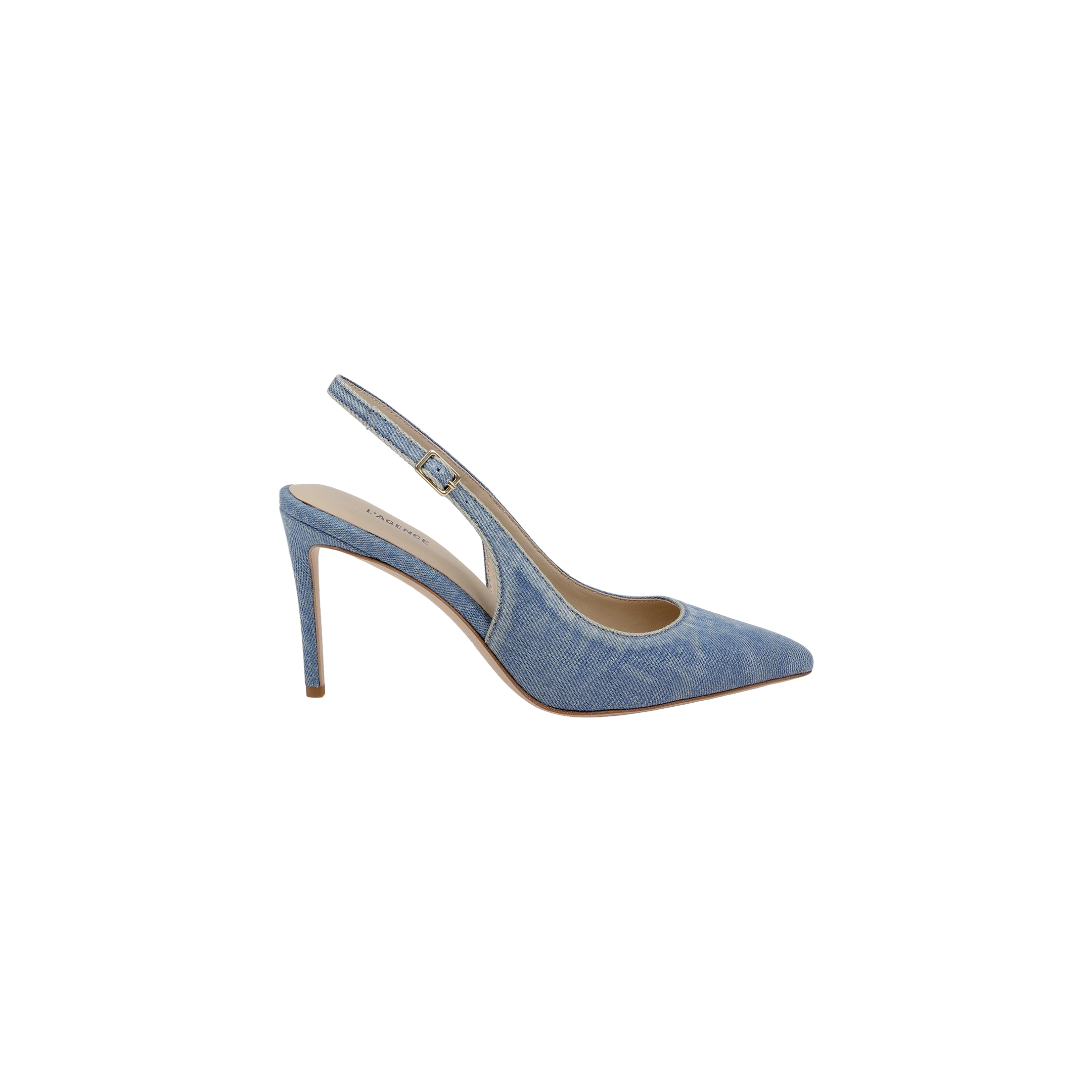 The Vichy Slingback Pump is crafted from light blue denim and features a pointed toe with a slender stiletto heel, designed as an elegant high-heeled slingback, shown against a plain white background.