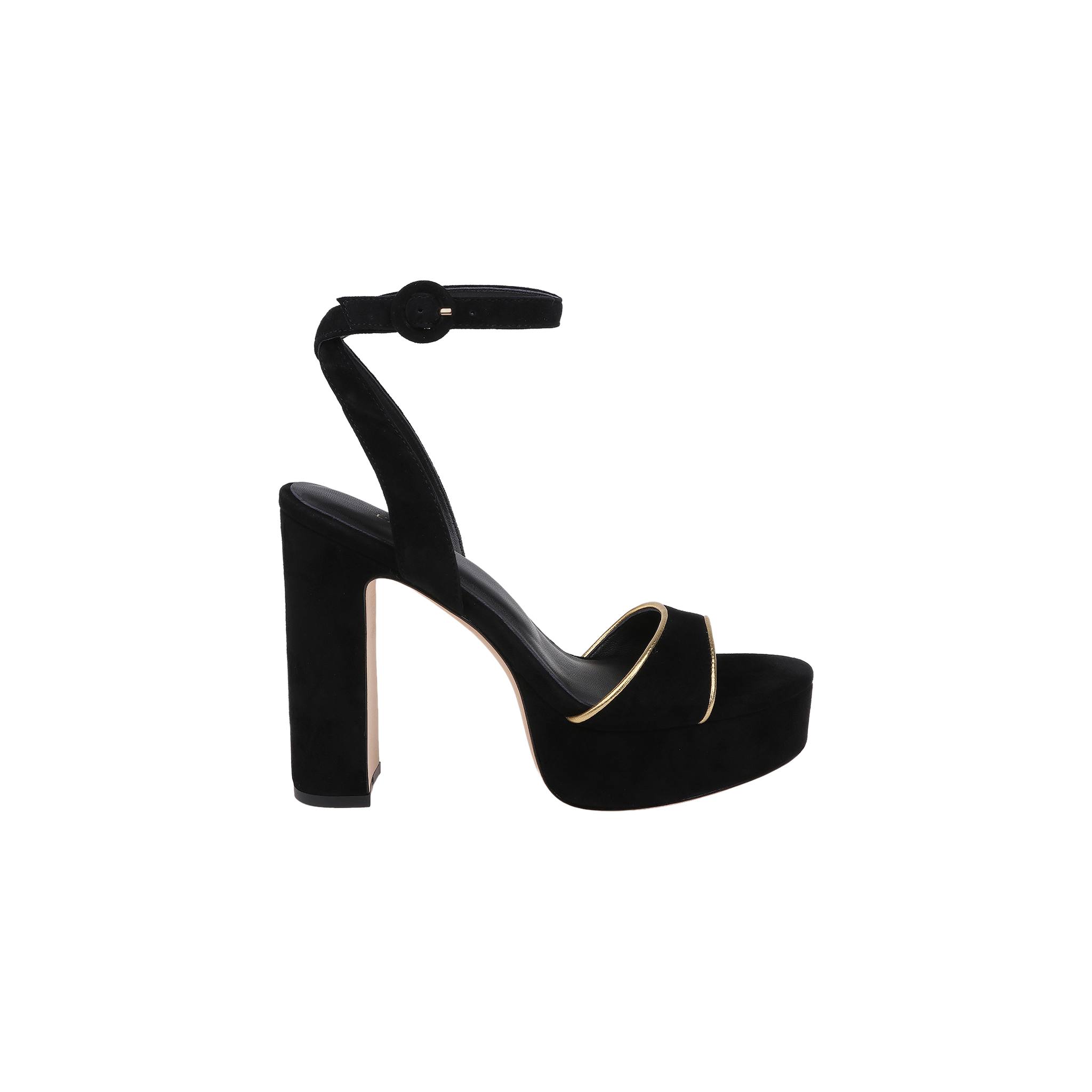The Essie Platform Sandal is a black suede high-heeled platform with a thick heel, an ankle strap secured by a buckle, and a single toe strap accented with subtle gold detailing. This heeled sandal is displayed against a plain white background.
