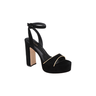 The Essie Platform Sandal, featuring black suede, a high block heel, ankle strap, and gold trim accent on the toe strap, is displayed against a plain white background.
