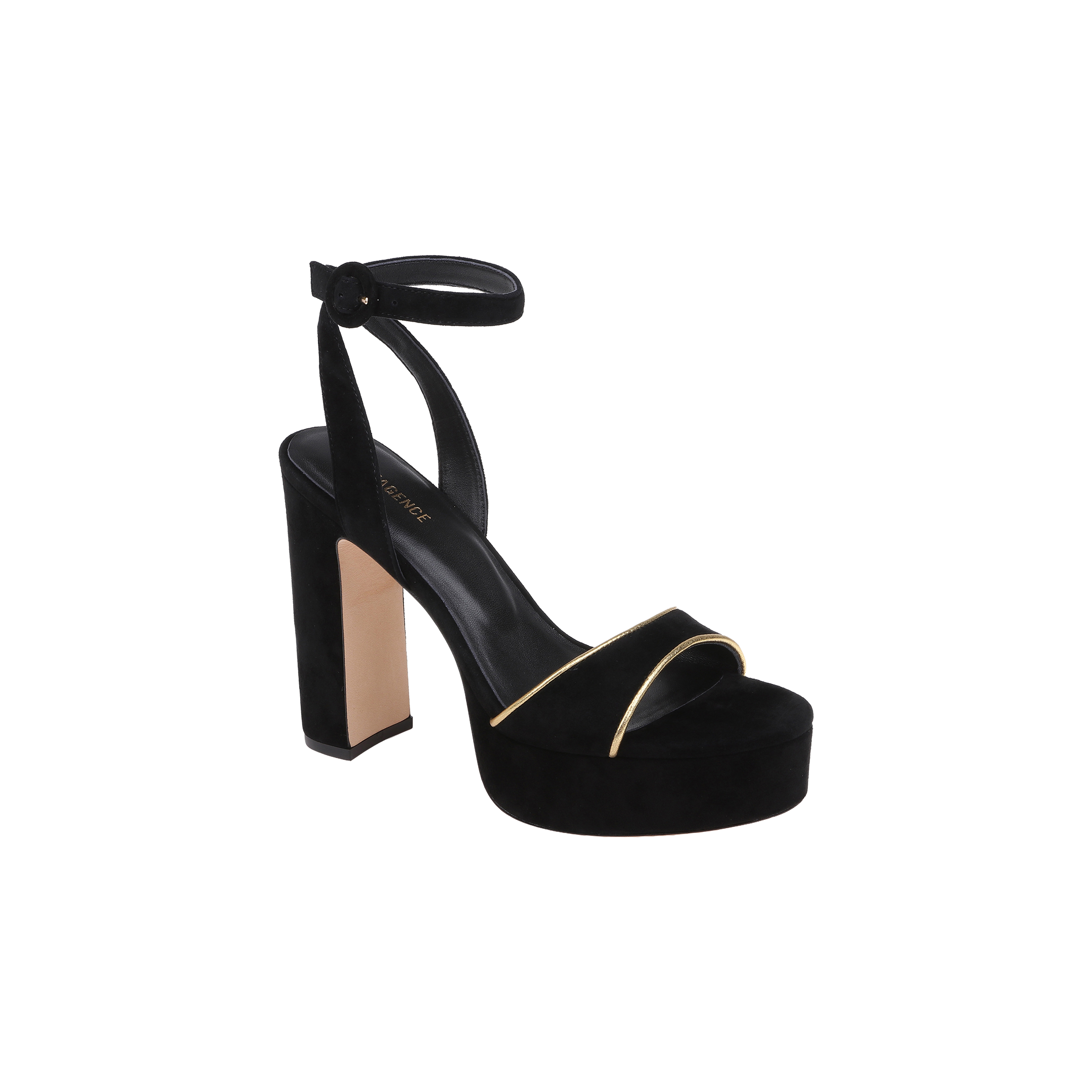 Essie Platform Sandal in black suede with a high heel, ankle strap, and gold trim detail on the front strap, showcased against a plain white background.
