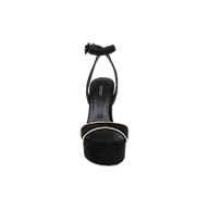 Front view of the Essie Platform Sandal in black suede, featuring a heeled design with an ankle strap and a thin gold accent across the toe strap, set against a plain white background.