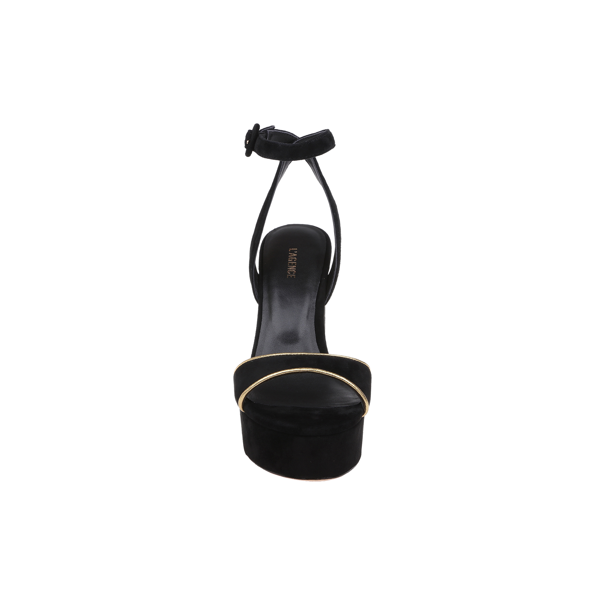 Front view of the Essie Platform Sandal in black suede, featuring a heeled design with an ankle strap and a thin gold accent across the toe strap, set against a plain white background.
