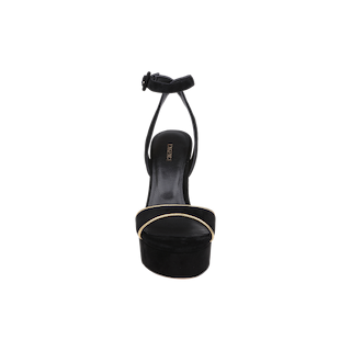 The Essie Platform Sandal is a black suede high-heeled sandal featuring an ankle strap and a gold accent on the toe strap, shown from the front against a white background.