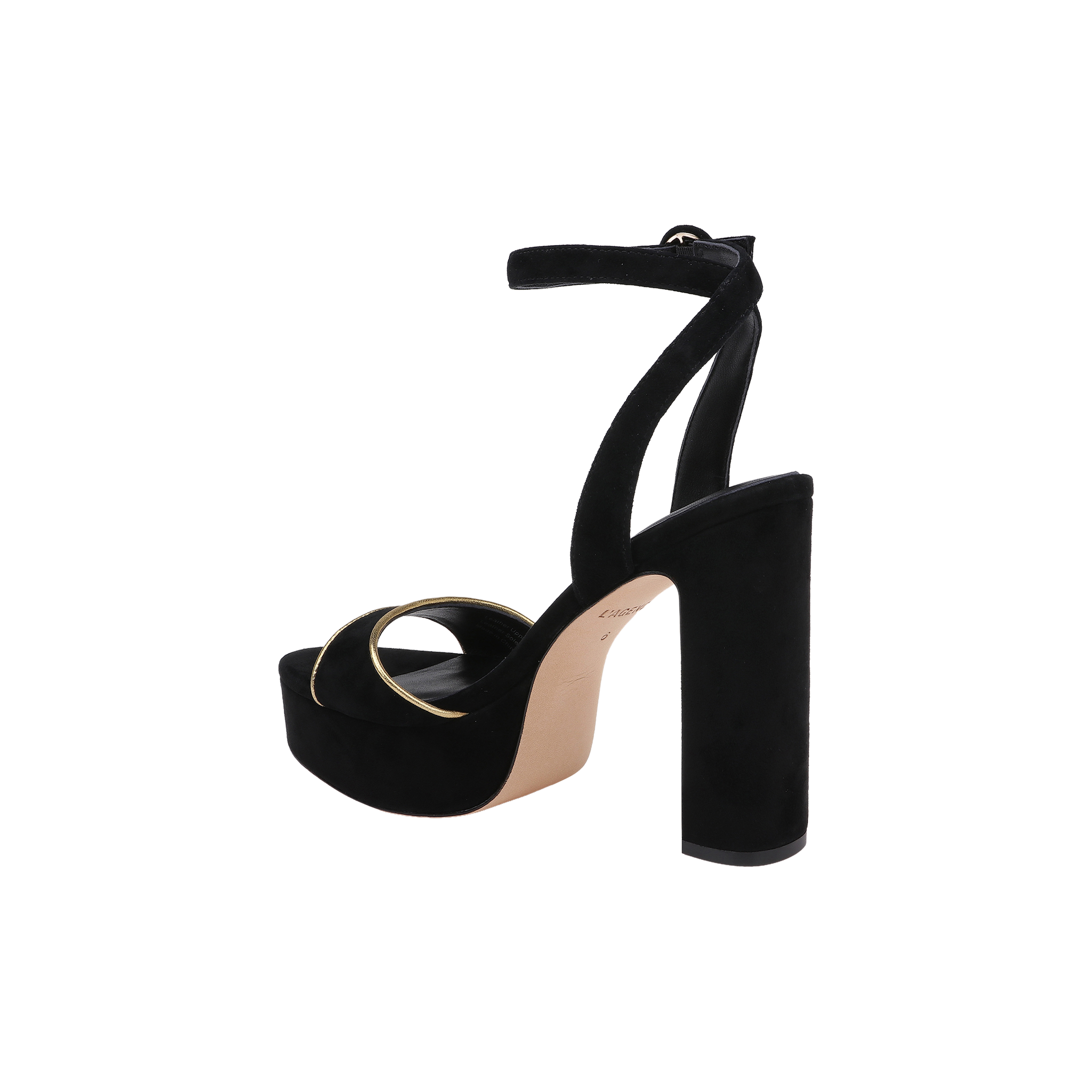 The Essie Platform Sandal is a black suede shoe featuring an ankle strap, a thick block heel, an open toe, and gold ring detail on the front strap, displayed on a white background.