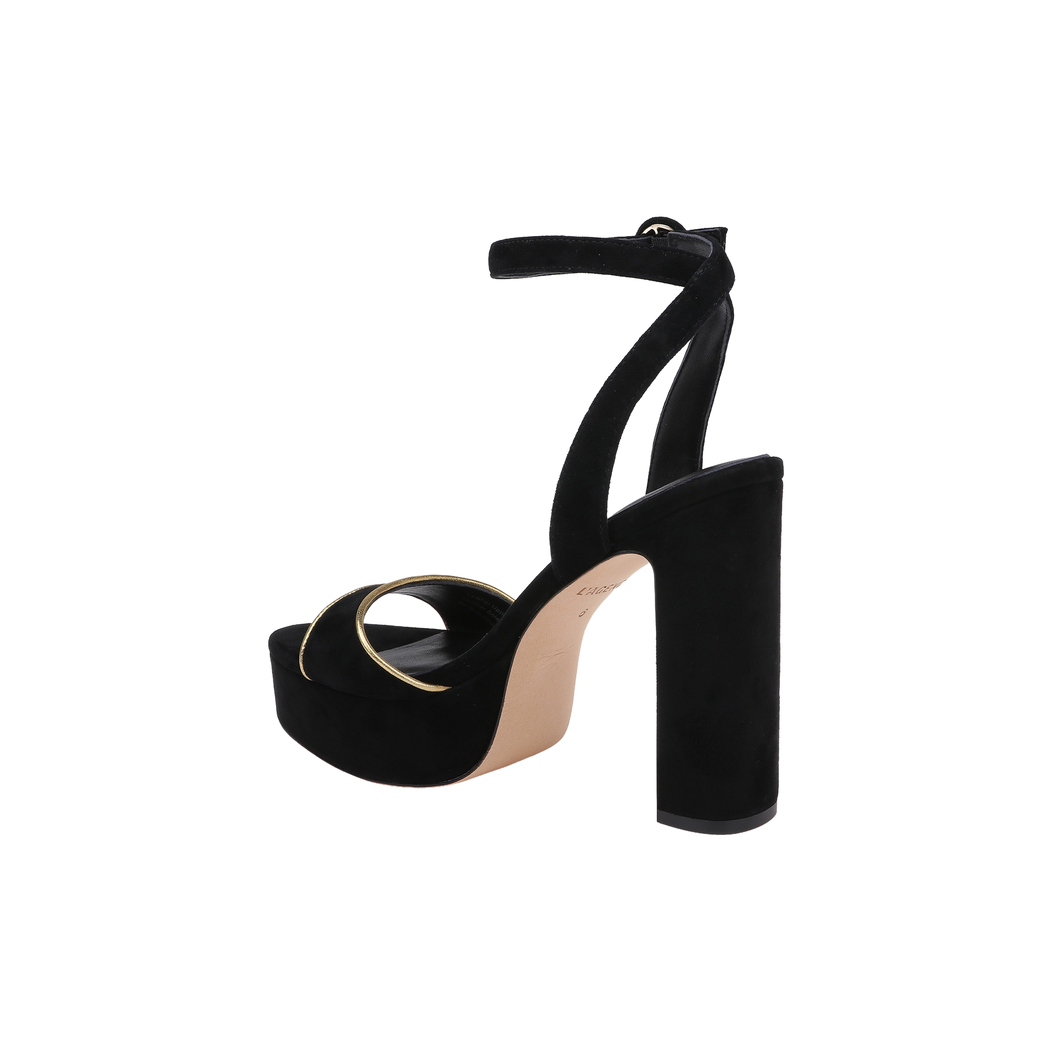 The Essie Platform Sandal is a black suede shoe featuring an ankle strap, a thick block heel, an open toe, and gold ring detail on the front strap, displayed on a white background.