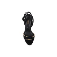 Essie Platform Sandal in black with an open-toe design, featuring a gold accent on the front strap and LAGENCE branding on the insole, photographed from above against a white background.