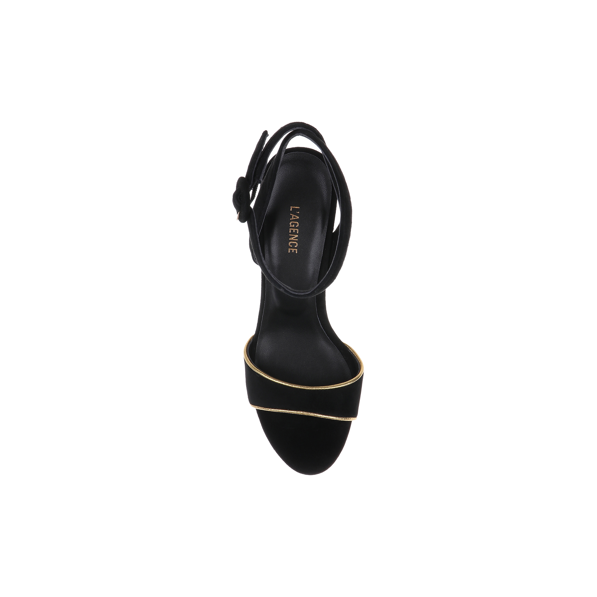 Essie Platform Sandal in black with an open-toe design, featuring a gold accent on the front strap and LAGENCE branding on the insole, photographed from above against a white background.