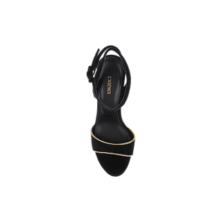 The Essie Platform Sandal, crafted in black suede with a gold accent and a secure ankle strap, is shown from above against a plain white background.
