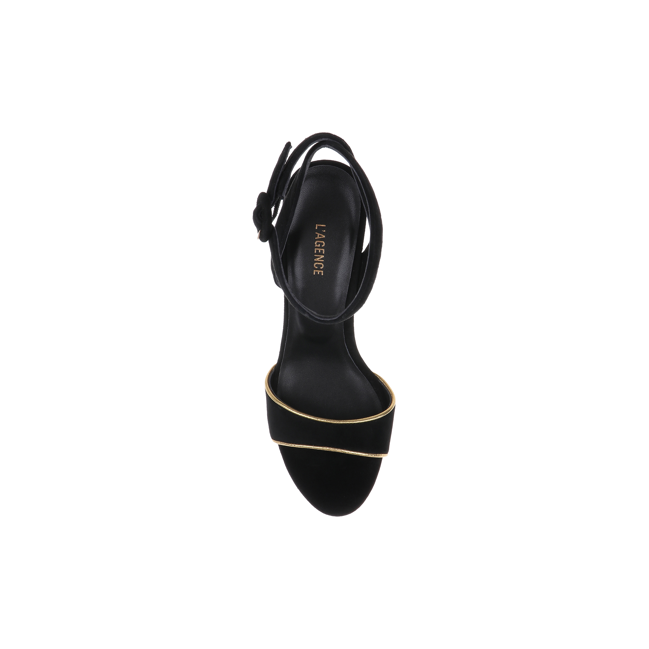 Essie Platform Sandal in black with an open-toe design, featuring a gold accent on the front strap and LAGENCE branding on the insole, photographed from above against a white background.