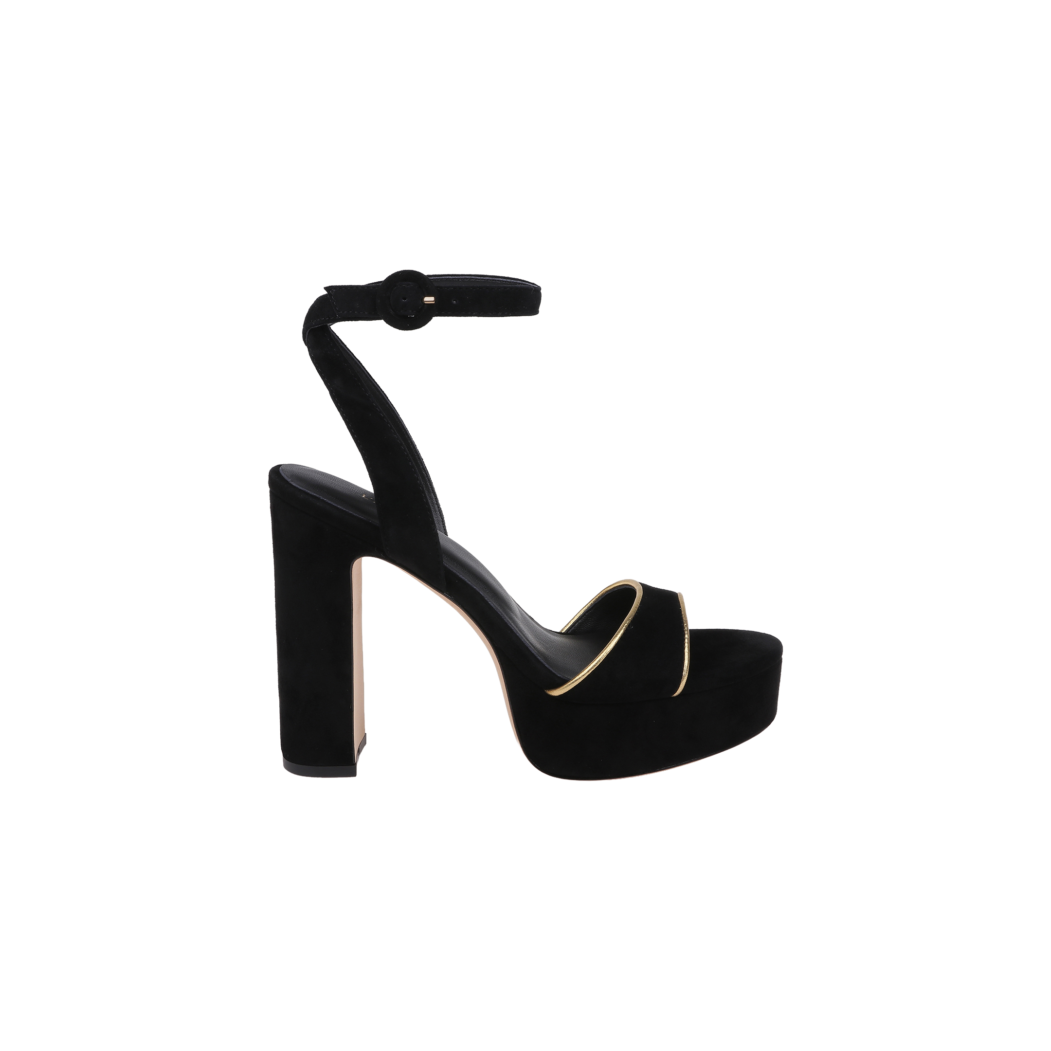 The Essie Platform Sandal is a black suede high-heel sandal with an ankle strap and gold trim detail, showcased against a plain white background.