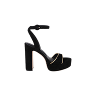 The Essie Platform Sandal is a black suede high-heel sandal with an ankle strap and gold trim detail, showcased against a plain white background.