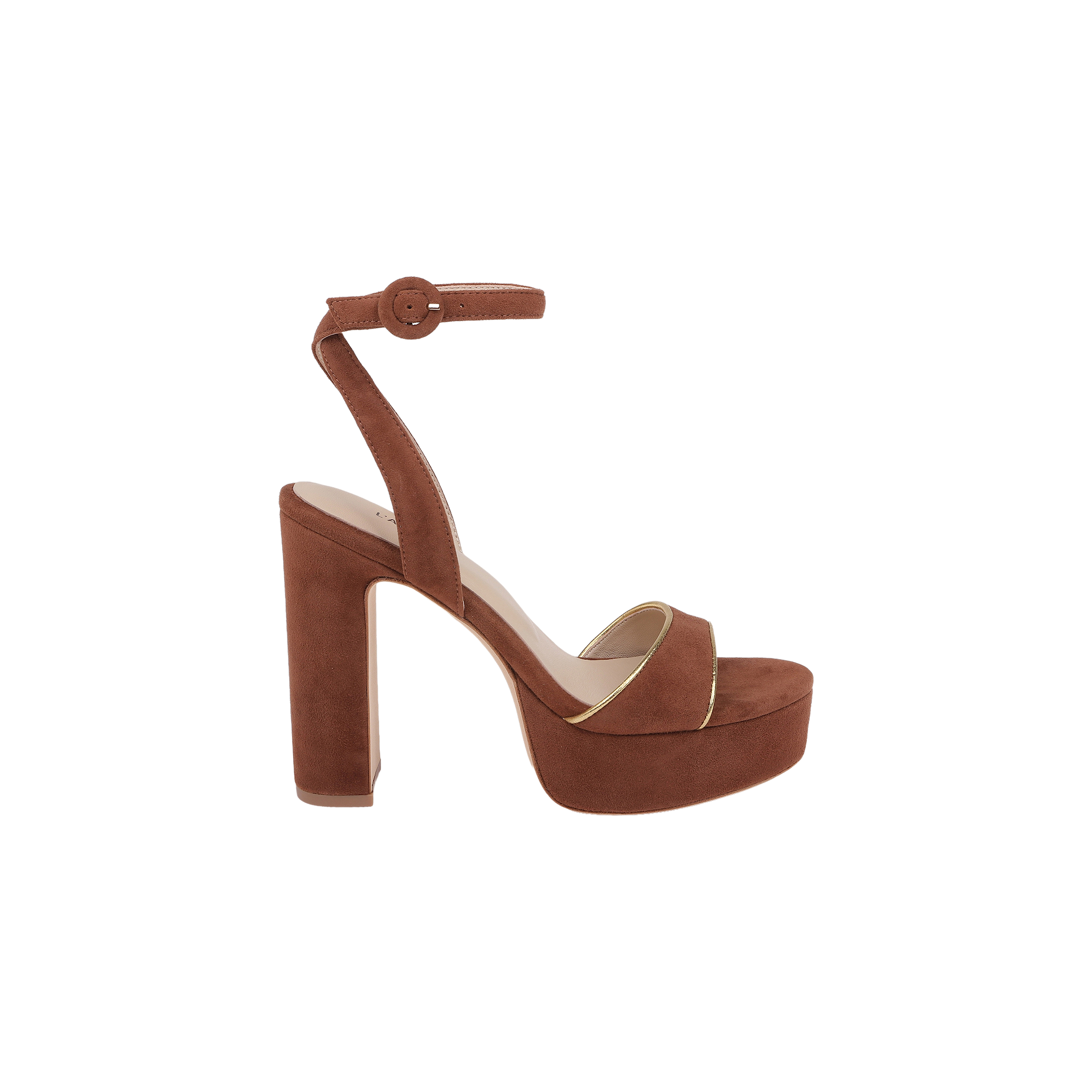 The Essie Platform Sandal, shown from the side against a plain white background, features brown suede construction with a high platform heel, an ankle strap, and a buckle.
