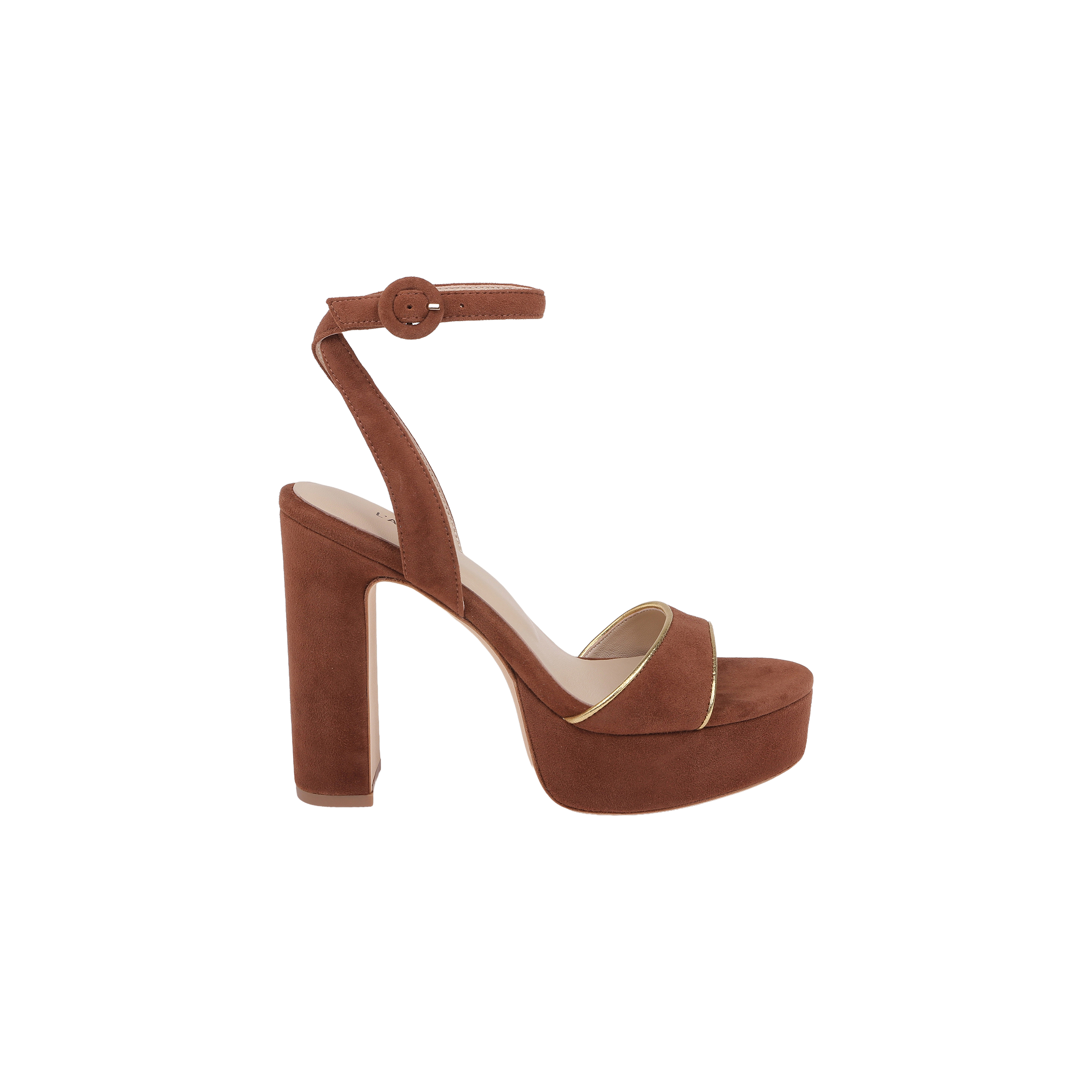 The Essie Platform Sandal, shown from the side against a plain white background, features brown suede construction with a high platform heel, an ankle strap, and a buckle.