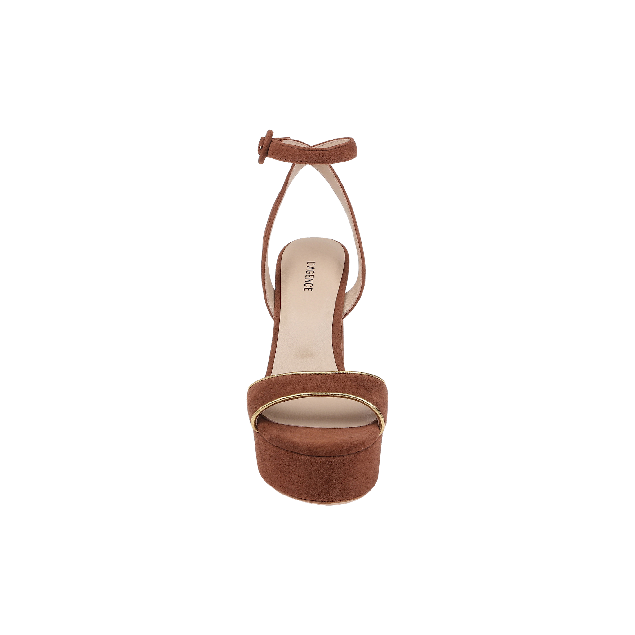 The Essie Platform Sandal is a brown heeled sandal with an ankle strap and open toe, crafted in a platform design and shown from the front against a plain white background.
