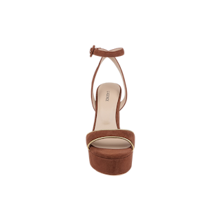 The Essie Platform Sandal, shown from the front against a white background, features luxurious brown buckskin suede, a thick front strap, gold accent detail, and an ankle strap with a buckle fastening.