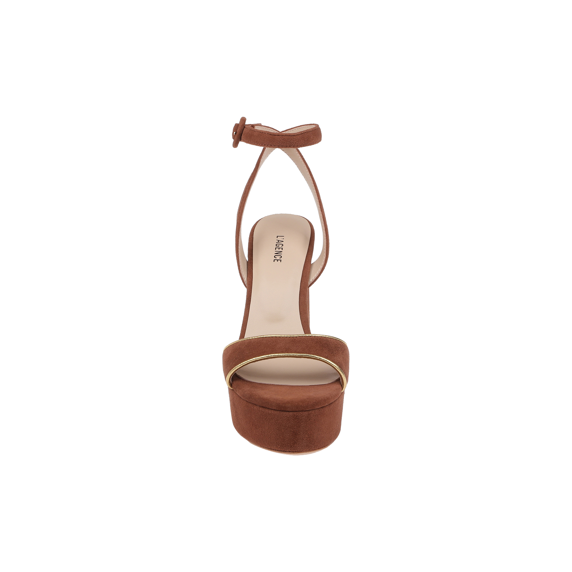 The Essie Platform Sandal is a brown heeled sandal with an ankle strap and open toe, crafted in a platform design and shown from the front against a plain white background.