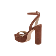Essie Platform Sandal in brown suede with a high platform and chunky heel, featuring an ankle strap, displayed on a white background.