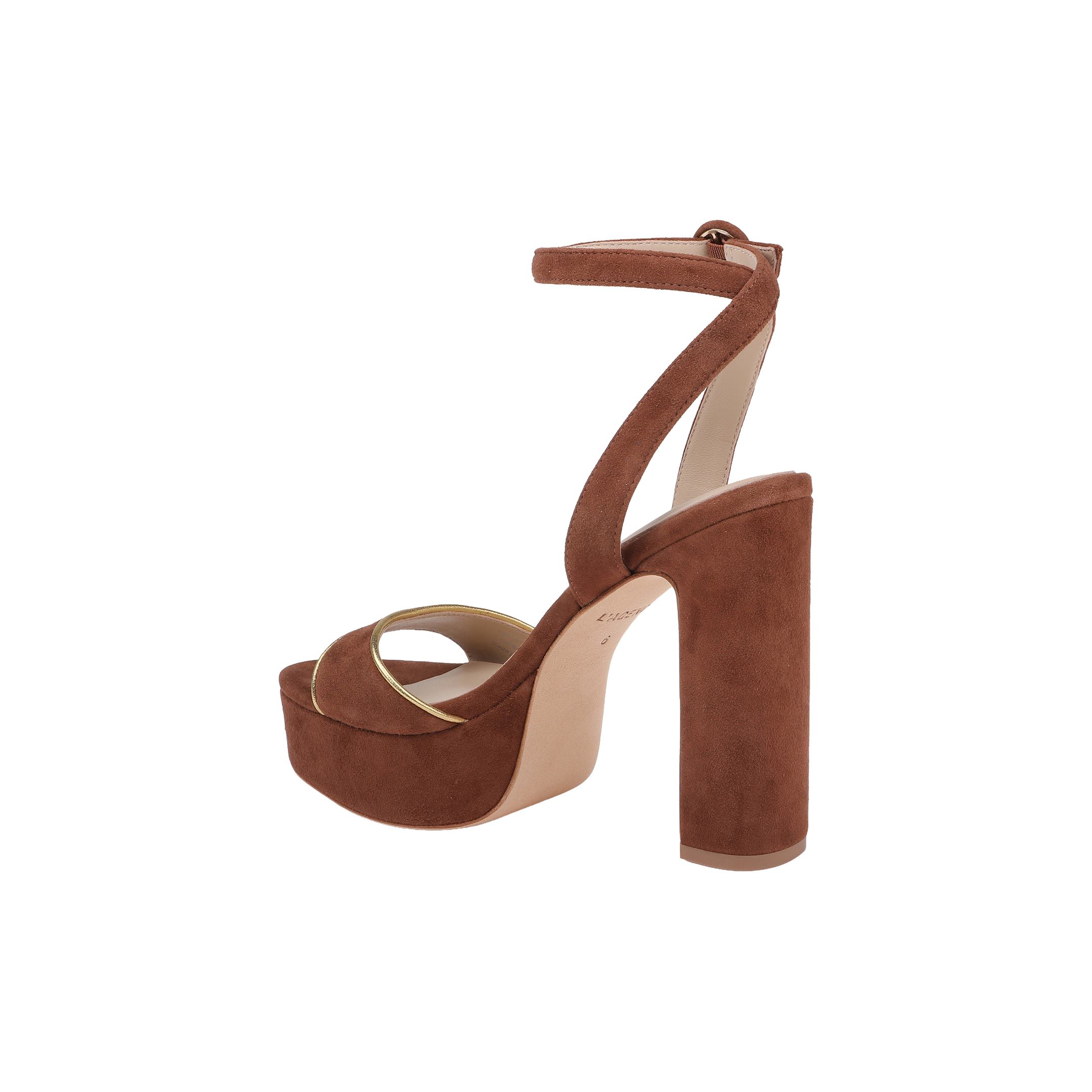 Essie Platform Sandal in brown suede with a high platform and chunky heel, featuring an ankle strap, displayed on a white background.