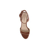 Essie Platform Sandal in brown suede featuring an open toe, a single front strap, ankle strap with gold trim, and the LAGENCE brand name on the insole. The sandal is photographed from above against a white background.
