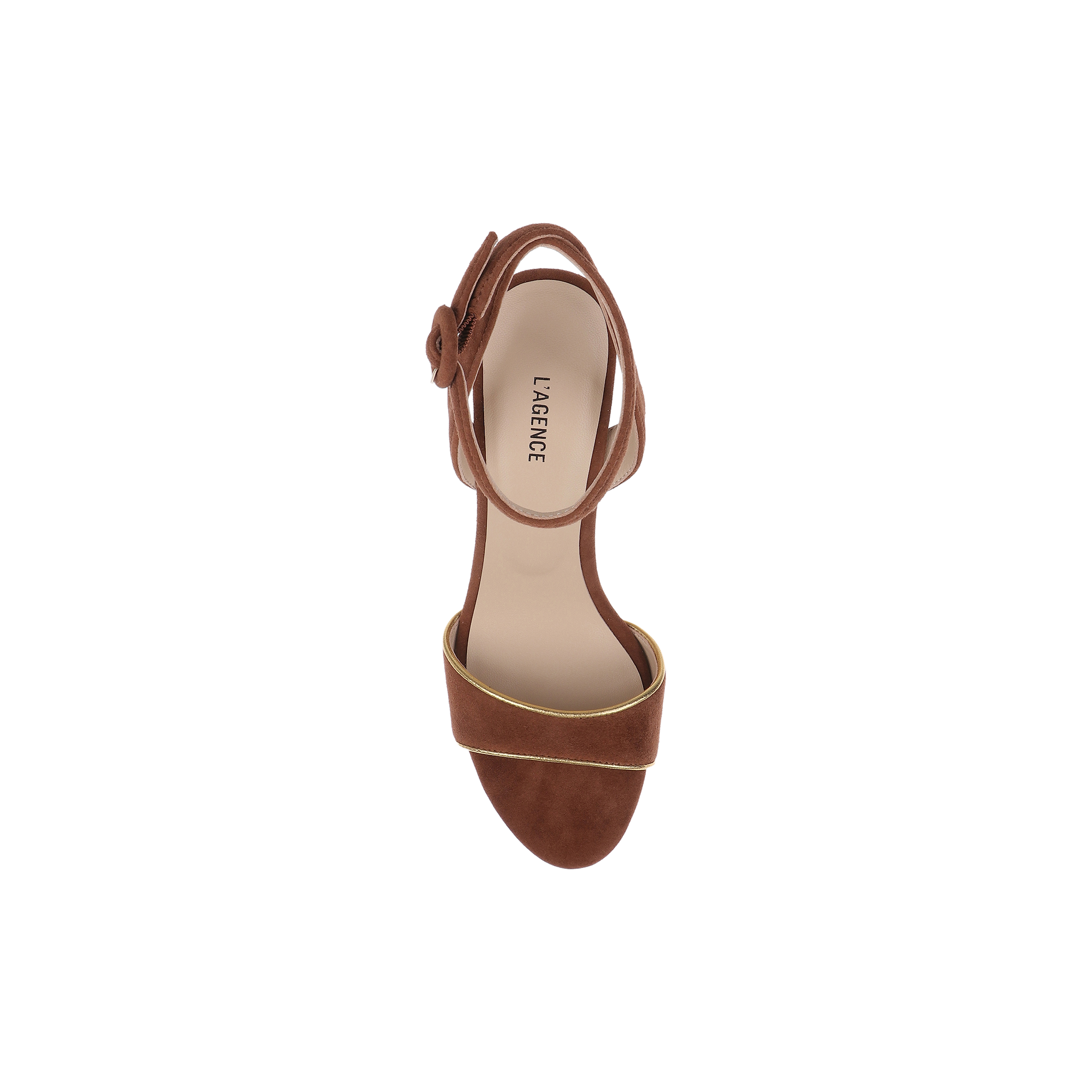Essie Platform Sandal in brown suede featuring an open toe, a single front strap, ankle strap with gold trim, and the LAGENCE brand name on the insole. The sandal is photographed from above against a white background.