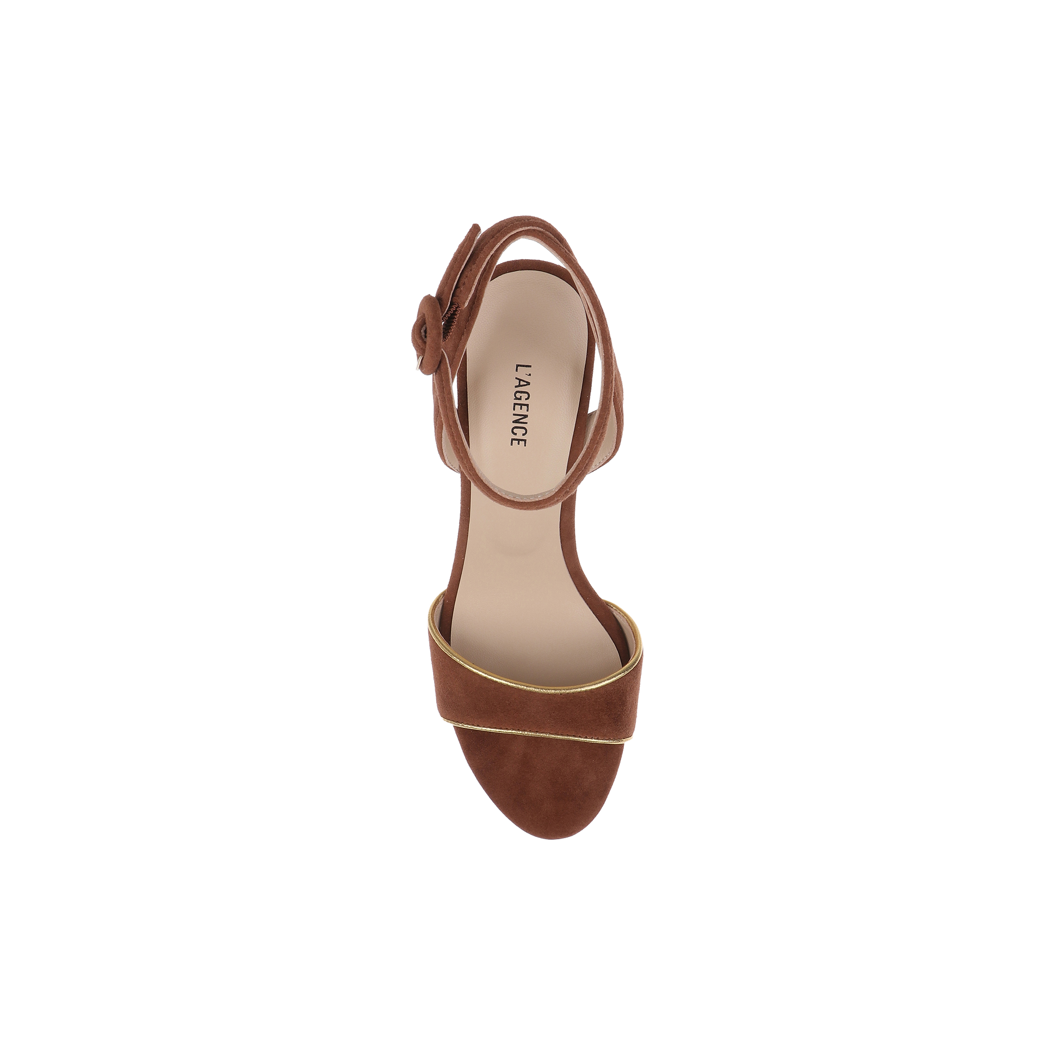 Essie Platform Sandal in brown suede featuring an open toe, a single front strap, ankle strap with gold trim, and the LAGENCE brand name on the insole. The sandal is photographed from above against a white background.