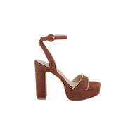 The Essie Platform Sandal is a single brown suede heeled sandal featuring an ankle strap with a buckle, an open toe, and a chunky heel, displayed on a plain white background.
