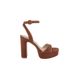 The Essie Platform Sandal is a brown buckskin suede high-heeled platform sandal with an ankle strap and buckle, shown against a white background.