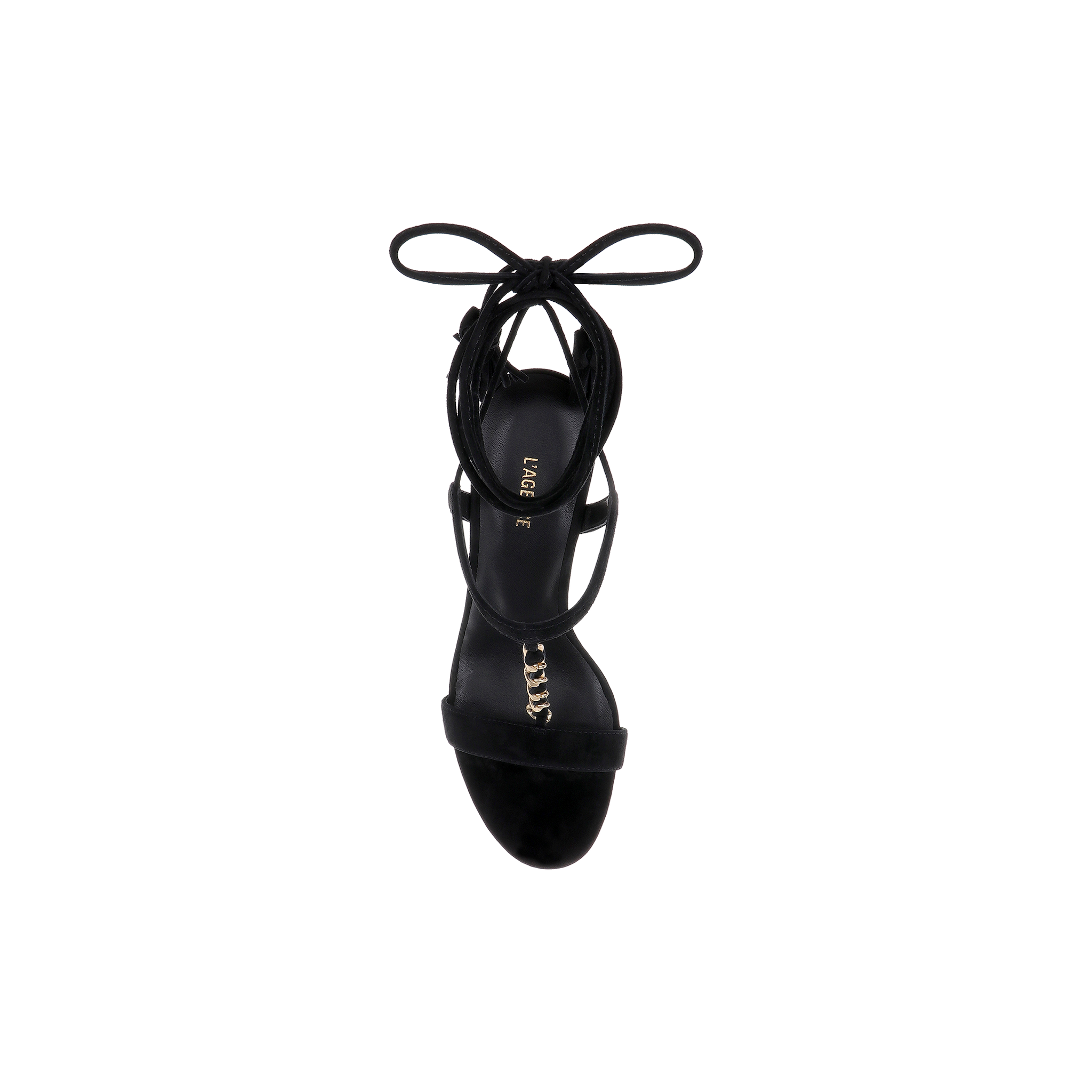 The Bond Suede Sandal, featuring black suede straps with an ankle tie, gold detailing on the front strap, and an open toe design, is photographed from above against a plain white background.