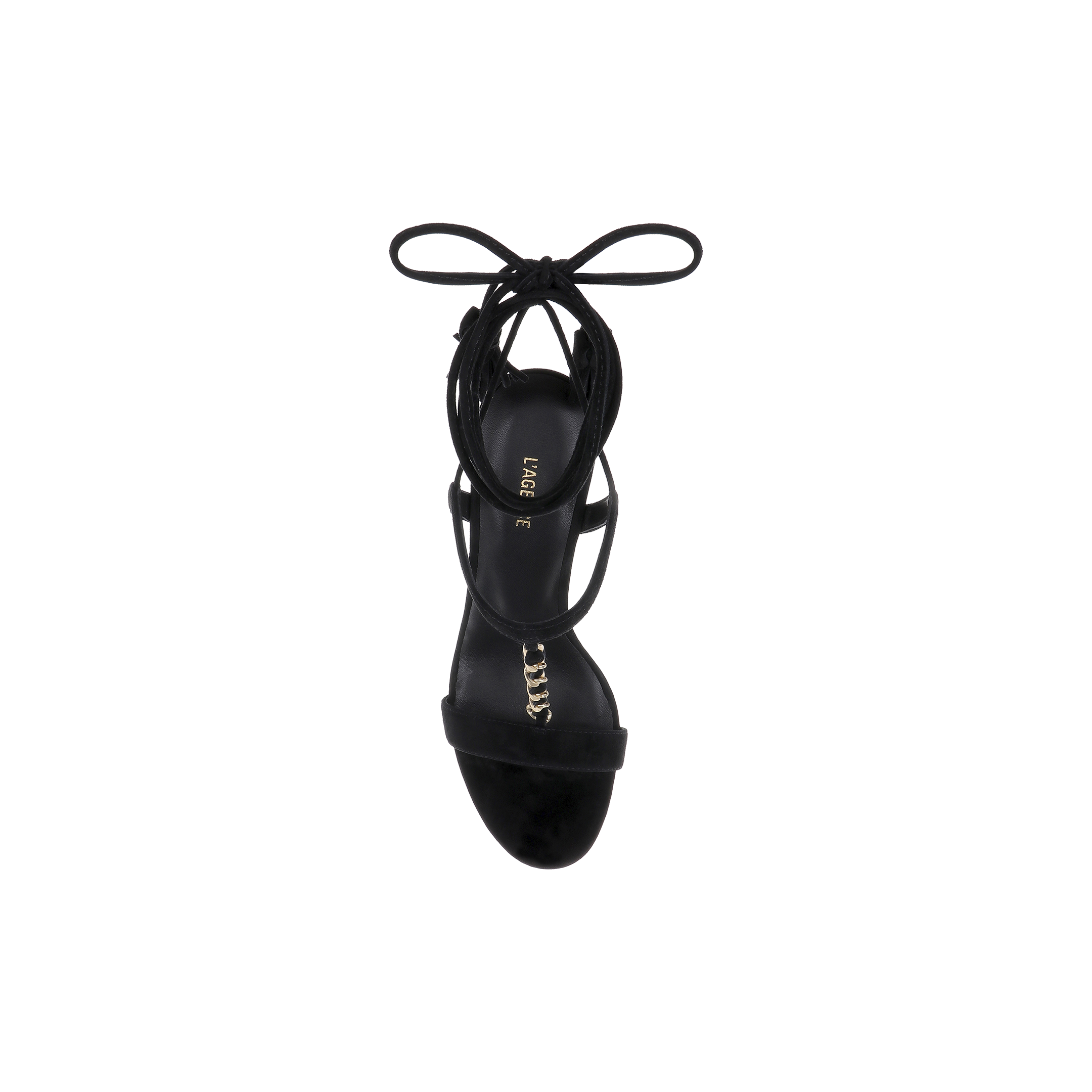 The Bond Suede Sandal, featuring black suede straps with an ankle tie, gold detailing on the front strap, and an open toe design, is photographed from above against a plain white background.