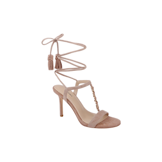 Introducing the Bond Suede Sandal—an elegant beige high-heeled sandal featuring a single toe strap, slim ankle straps that wrap up and tie with tassel accents, and a sophisticated stiletto heel for refined style at any occasion.