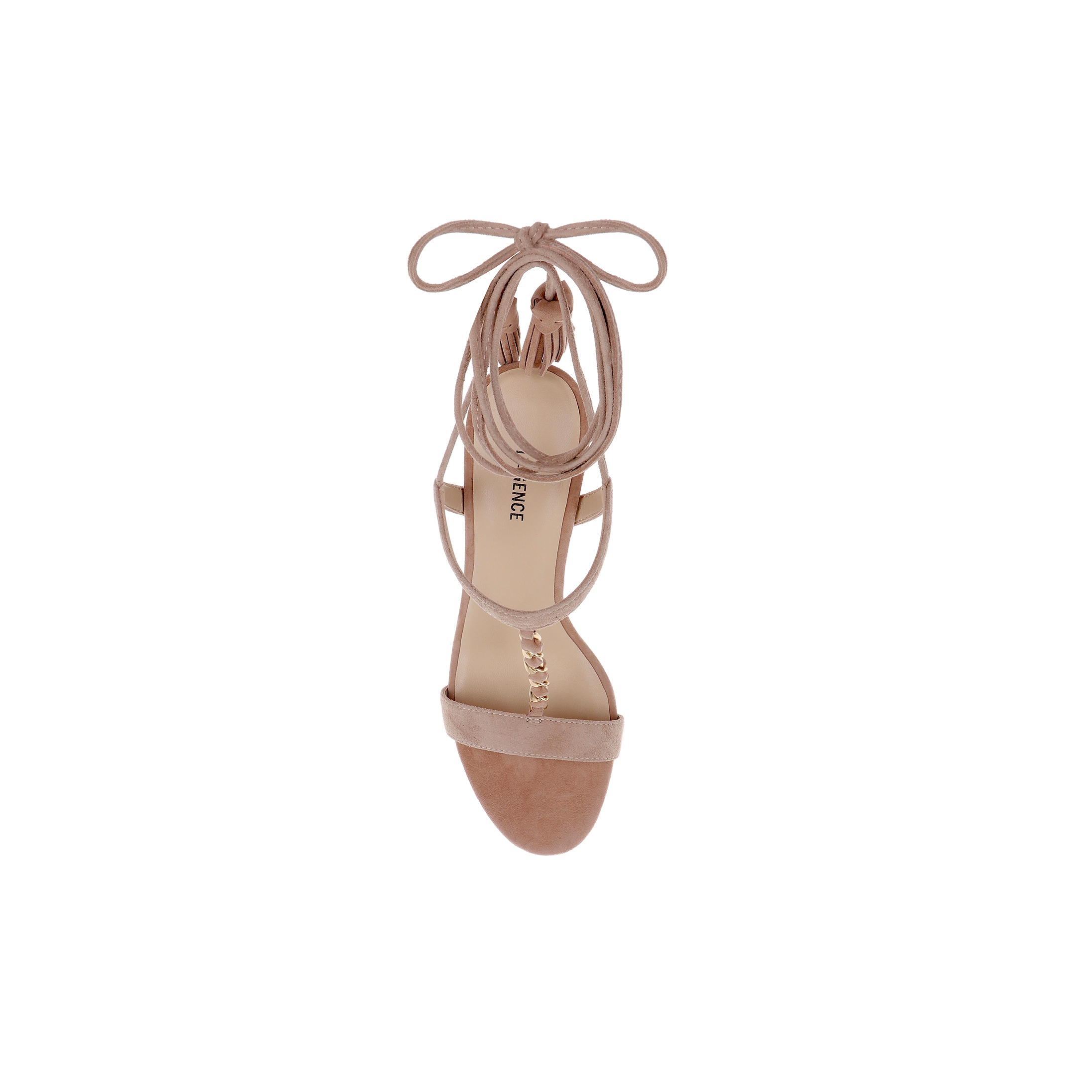 The Bond Suede Sandal, shown from above on a plain white background, is a blush-colored single sandal featuring an ankle strap with a bow and a strappy heel design.
