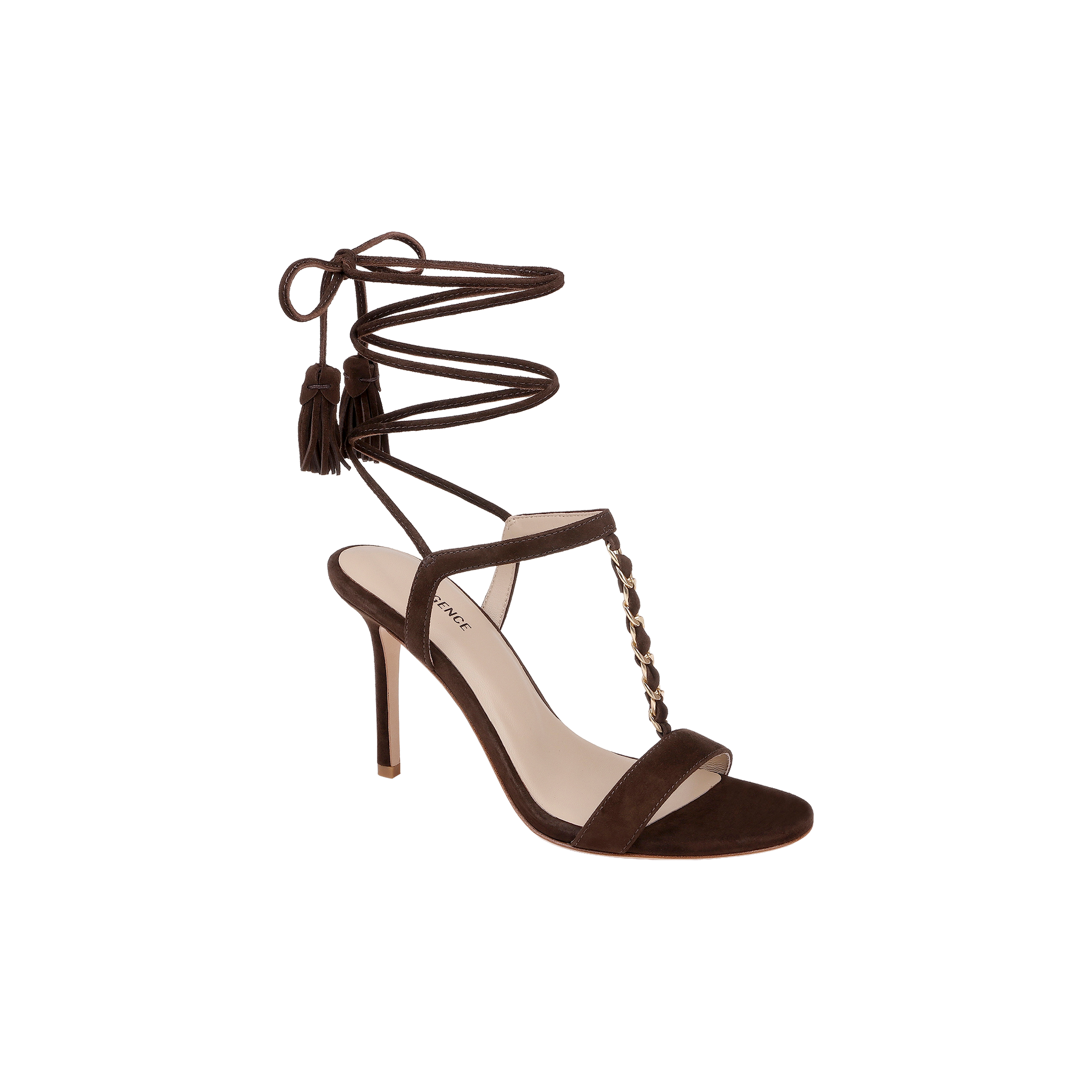 Introducing the Bond Suede Sandal, crafted from luxurious dark brown suede. This high-heeled sandal features an ankle-tie strap with tassel accents and a striking chain detail down the front. With its open toe and stiletto heel, this strappy design offers a bold and elegant finish.