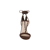 Front view of the Bond Suede Sandal in dark brown, showcasing its strappy heel design with a tie-around ankle strap and decorative gold accents along the center strap, displayed on a white background.