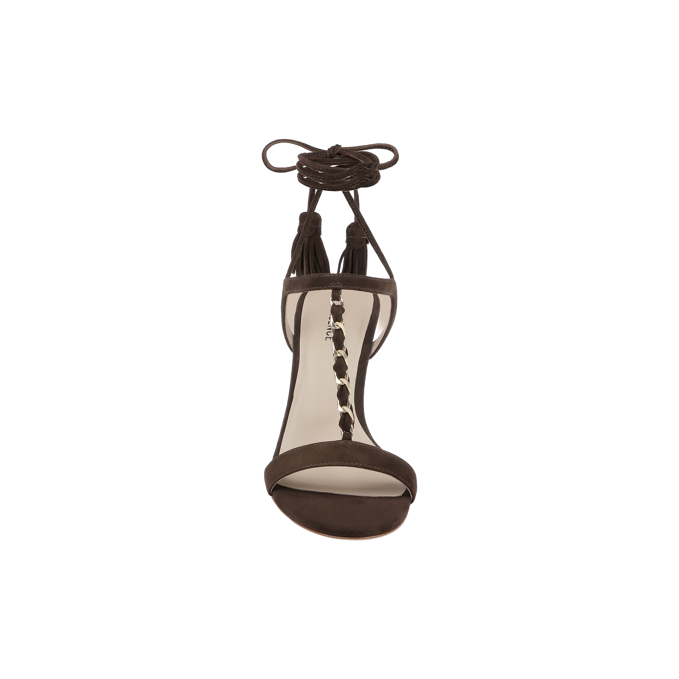 Front view of the Bond Suede Sandal in dark brown, showcasing its strappy heel design with a tie-around ankle strap and decorative gold accents along the center strap, displayed on a white background.