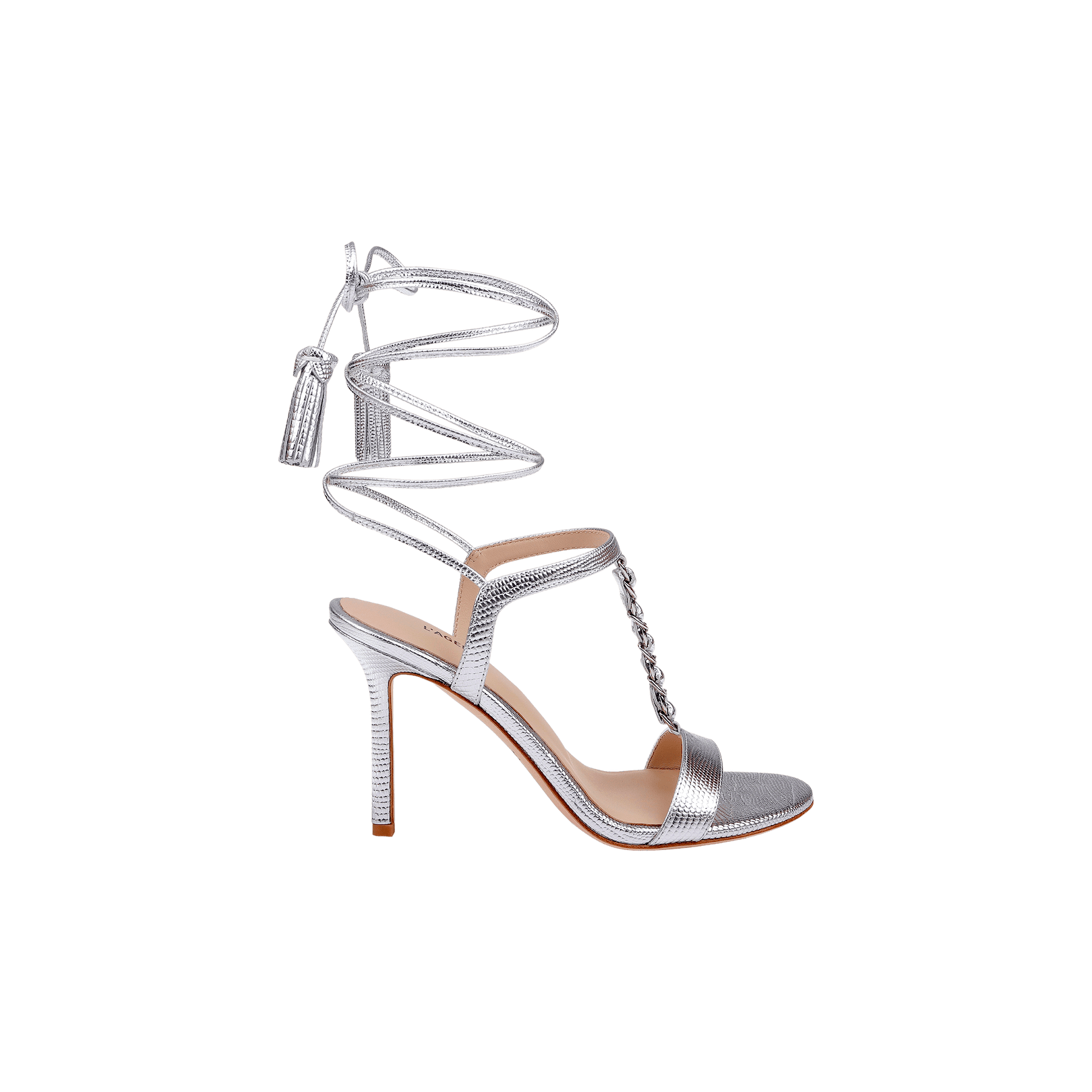 The Bond Leather Sandal is a silver leather high-heel sandal with an open toe, T-strap adorned with chain detail on the front strap, and ankle wrap lace, displayed on a white background.