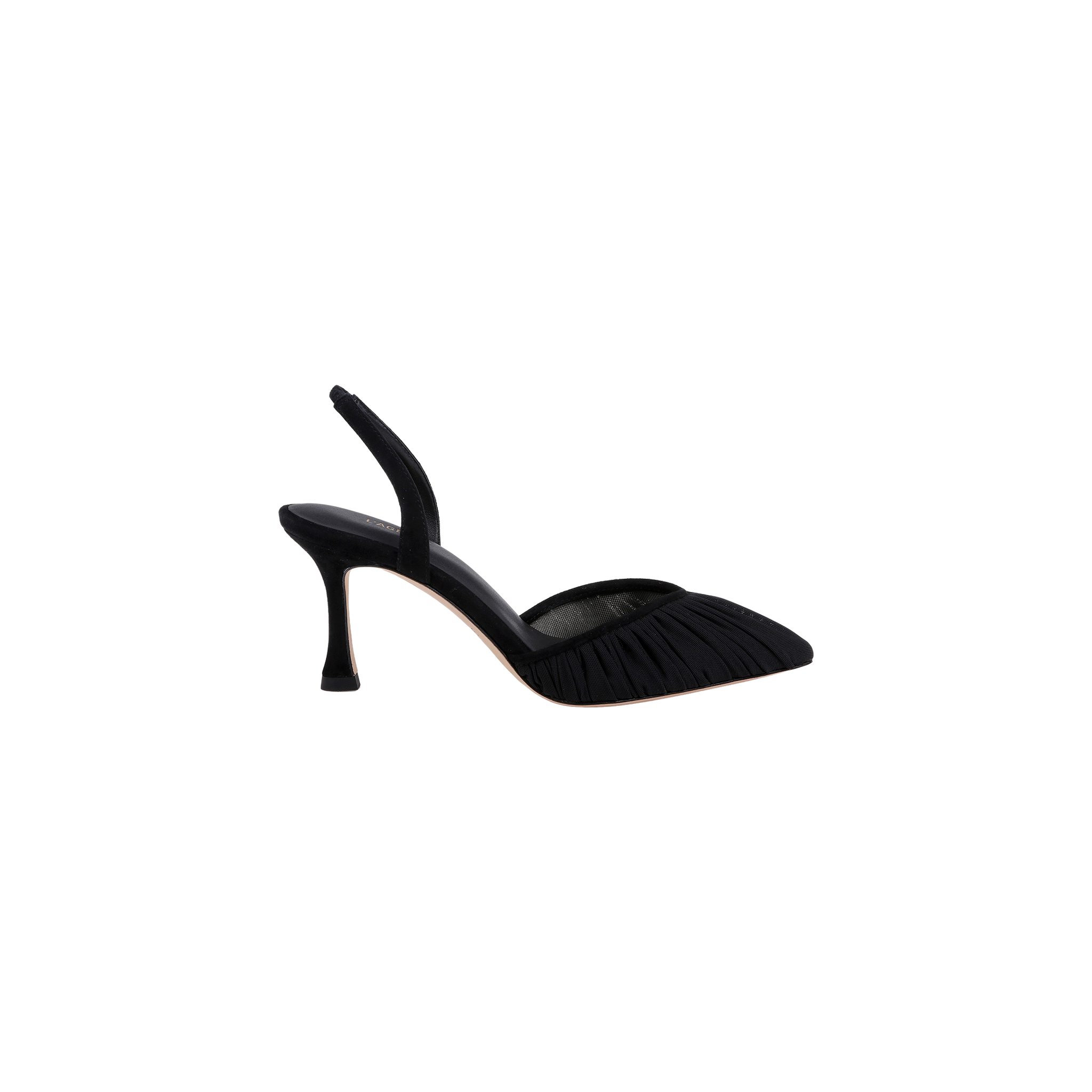 Bowery Mesh Slingback Pump featuring a pointed toe and ruched mesh detailing, displayed in profile view on a plain white background.