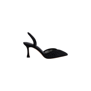 The Bowery Mesh Slingback Pump is a black, pointed-toe heel featuring a ruched mesh design on the upper, displayed against a plain white background.
