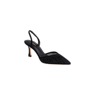 The Bowery Mesh Slingback Pump features a black pointed toe, a high slingback design, and pleated detailing on the side, presented against a plain white background.