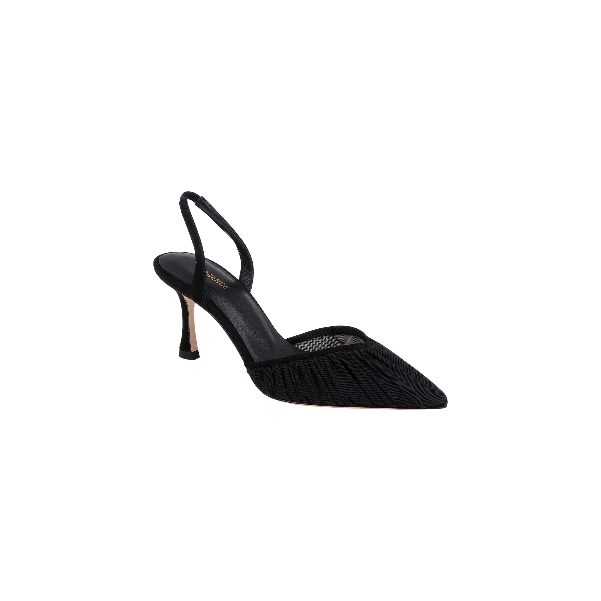 The Bowery Mesh Slingback Pump features a black pointed toe, a high slingback design, and pleated detailing on the side, presented against a plain white background.