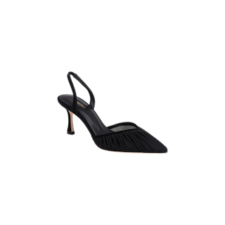 The Bowery Mesh Slingback Pump is a black high-heeled shoe with a pointed toe and ruched mesh detailing on the front, displayed against a plain white background.