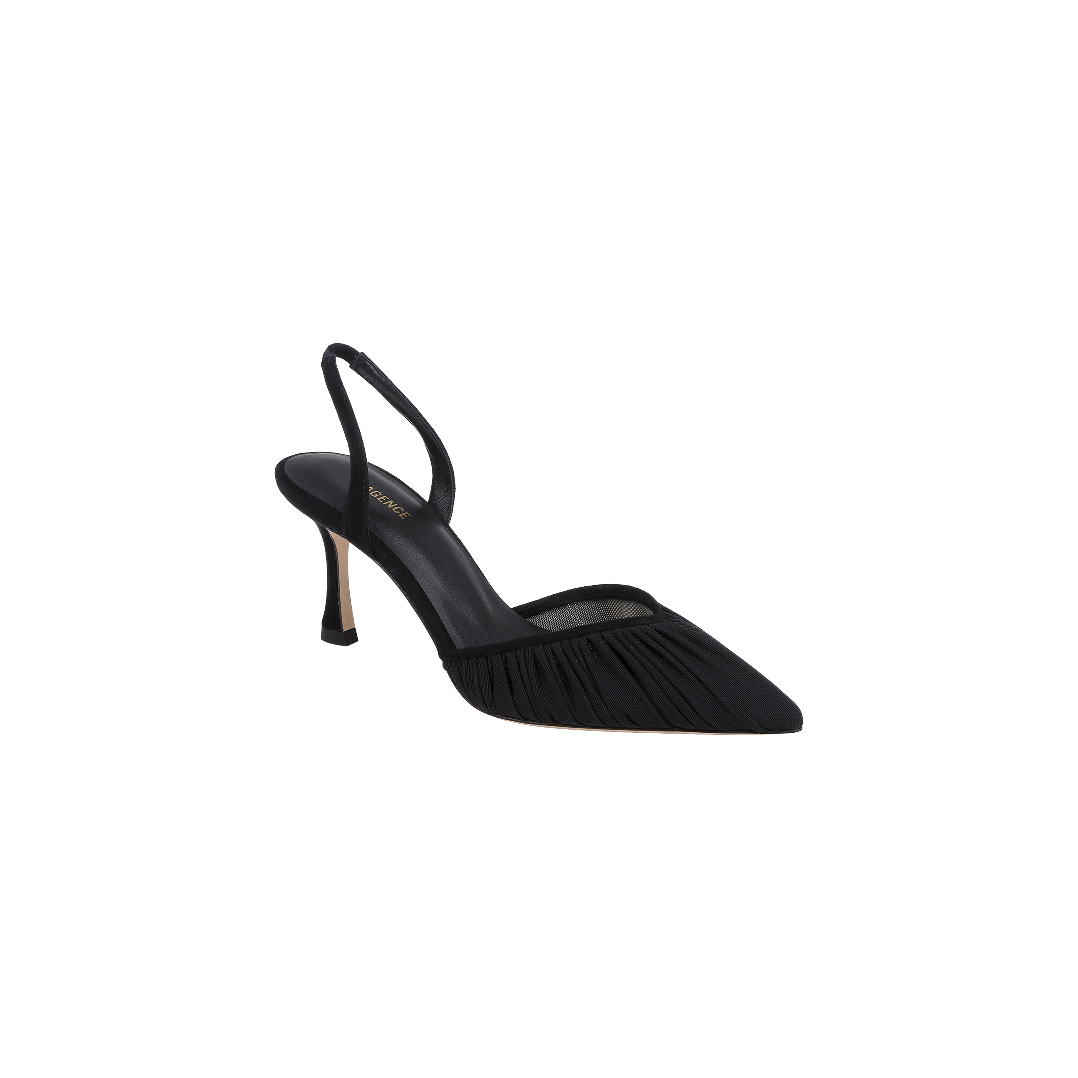The Bowery Mesh Slingback Pump features a black pointed toe, a high slingback design, and pleated detailing on the side, presented against a plain white background.