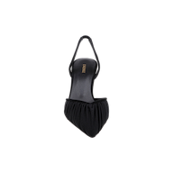 A single Bowery Mesh Slingback Pump in black, featuring a pointed toe, ruched mesh fabric design, and a low heel, is viewed from above on a plain white background.