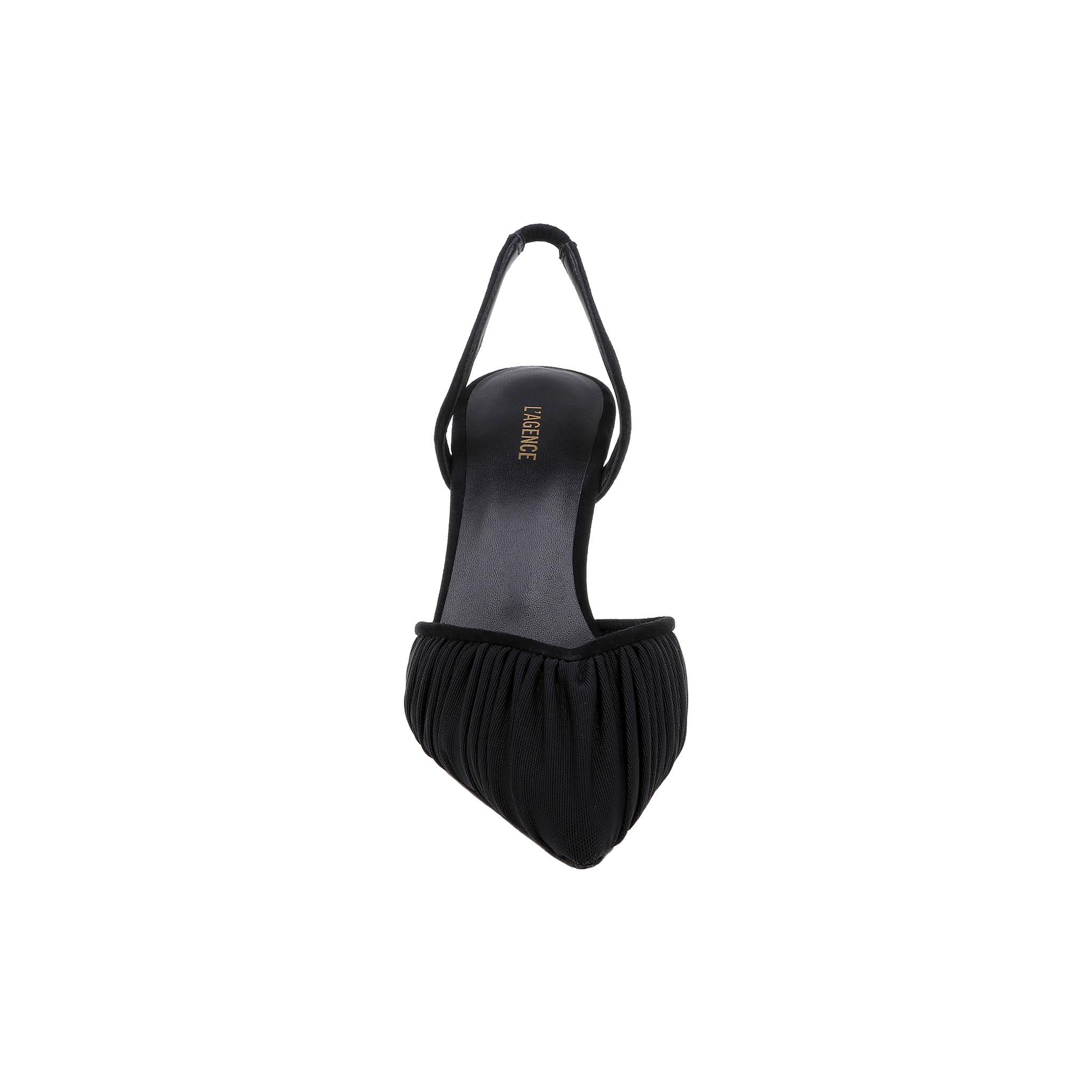 A single Bowery Mesh Slingback Pump in black, featuring a pointed toe, ruched mesh fabric design, and a low heel, is viewed from above on a plain white background.